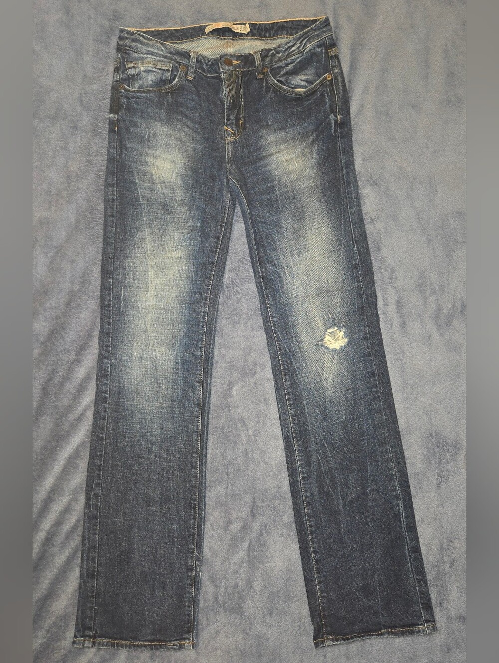 Zara Women's Straight Leg Distressed Dark Blue Jeans